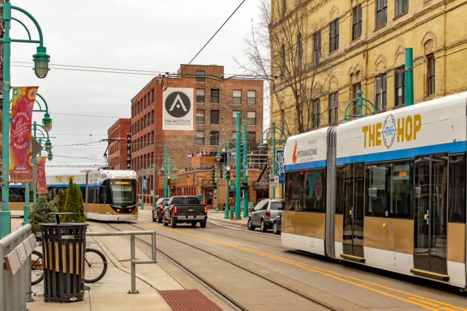 public transit streetcar at Milwaukee Public Market, Third Ward Station in Downtown Milwaukee.